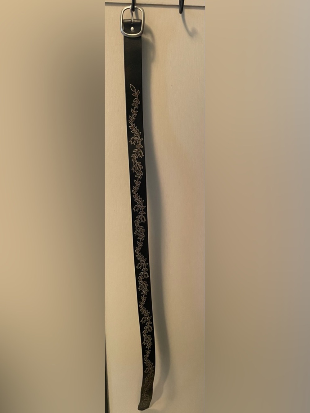 Black Leather Belt with Silver Floral Embroidery